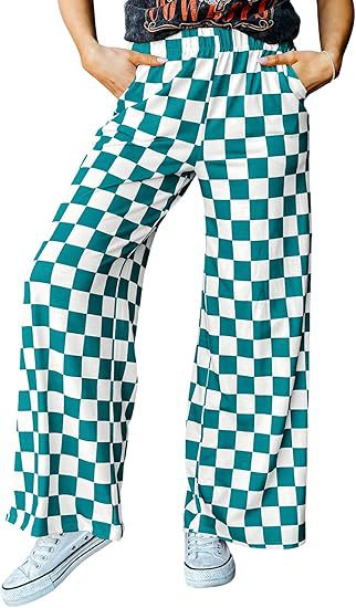 Women's checked palazzo trousers with elasticated waistband and practical side pockets, size Valenzora