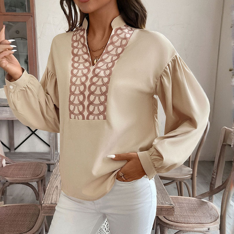 Women's blouse with elegant embroidered neckline, size