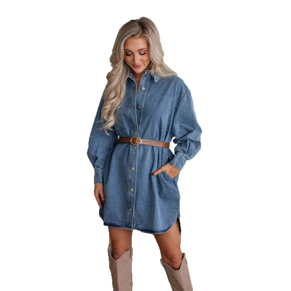 Women's Denim Shirt Dress with Exclusive Belt and Practical Drune Pockets