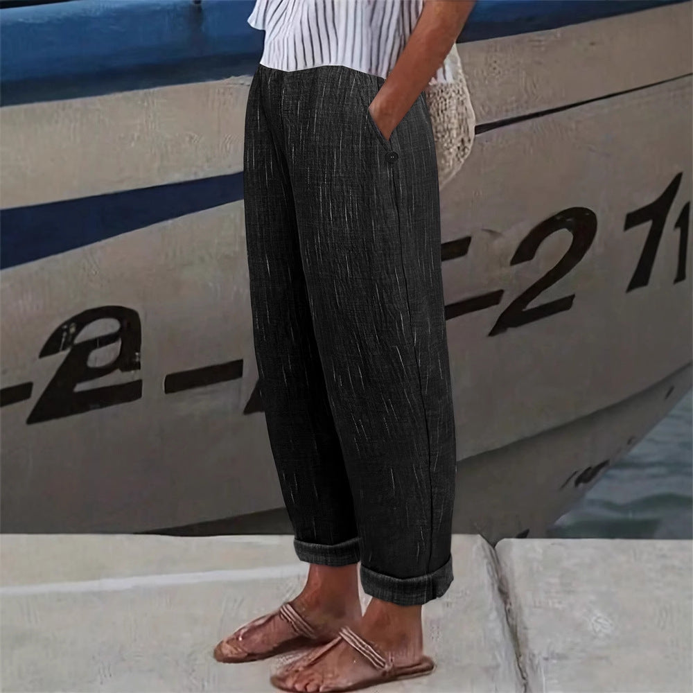 Bequeme und luftige Leinenhose für Damen mit seitlichen Taschen, Größe