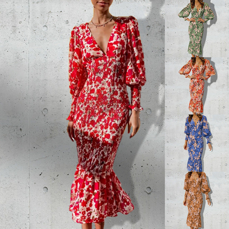 Damenkleid mit Blumenmuster und voluminösen Ärmeln, Größe [size missing]