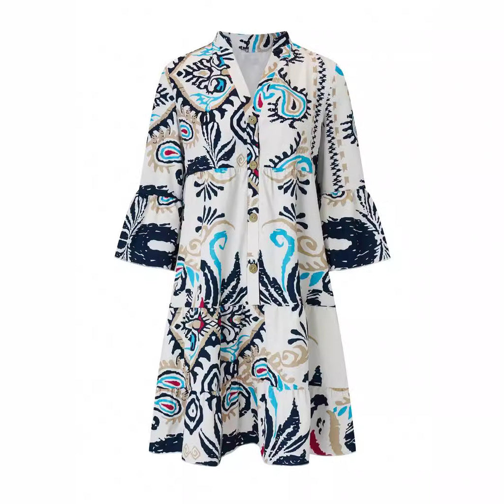 Women's Casual Dress with Fashionable Floral Design and Long Sleeves Drune