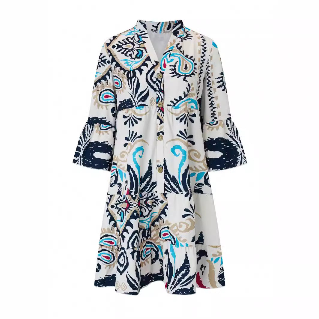 Women's Casual Dress with Fashionable Floral Design and Long Sleeves Drune