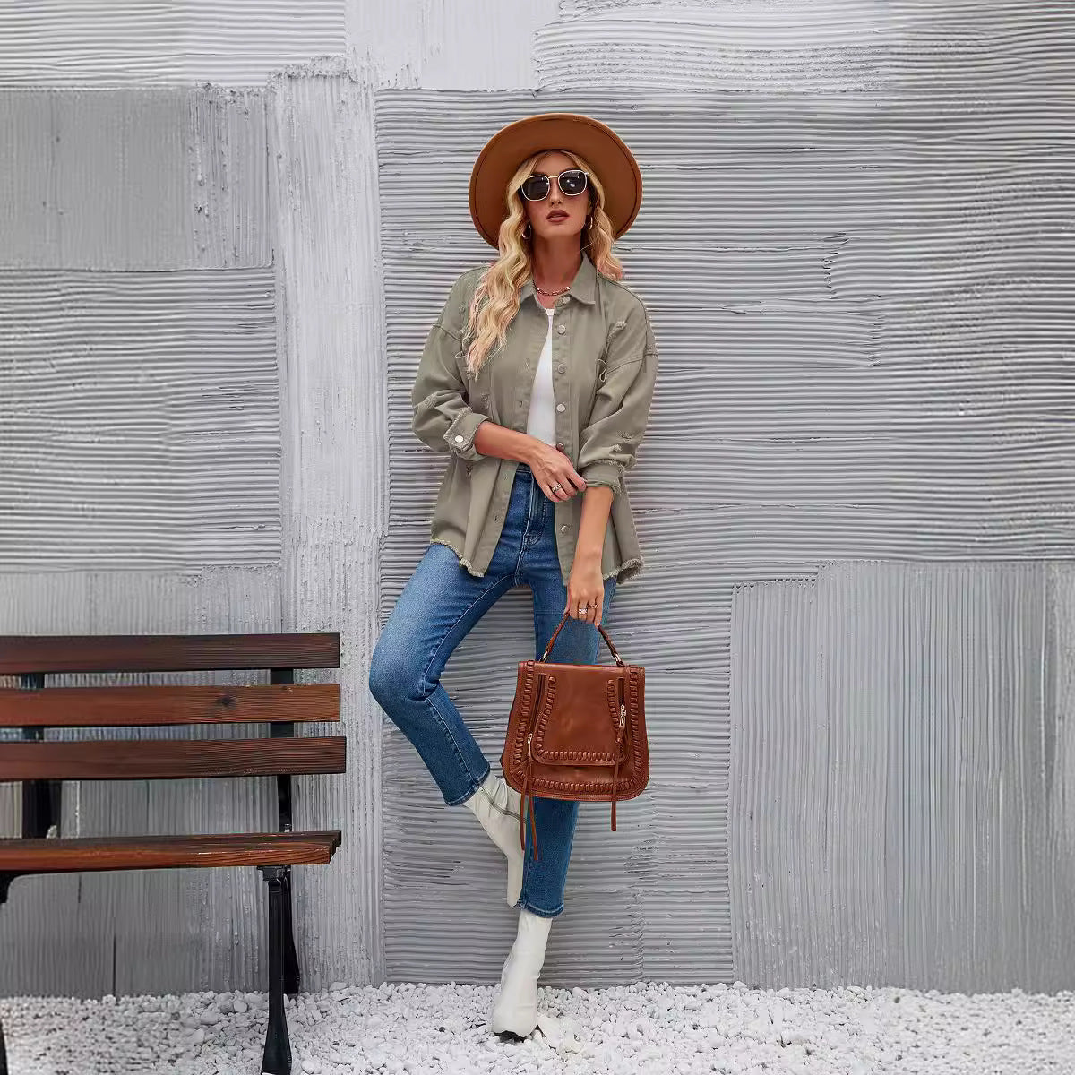 Damen-Hemdjacke aus Denim im lässigen Oversized-Schnitt mit Fransen, Größe Valenzora