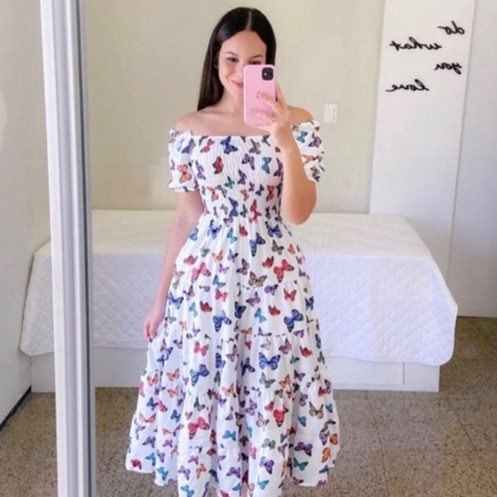 Damen-Midikleid mit schulterfreiem Design und verspieltem Schmetterlingsmuster, Größe S