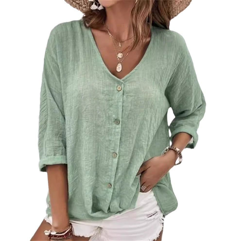 Women's casual blouse with button placket and V-neck, size
