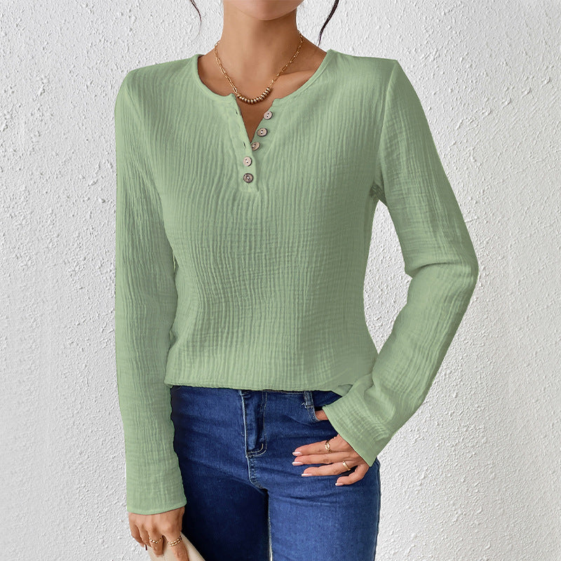 Valenzora | Slimming cotton-linen feel long-sleeved pullover shirt