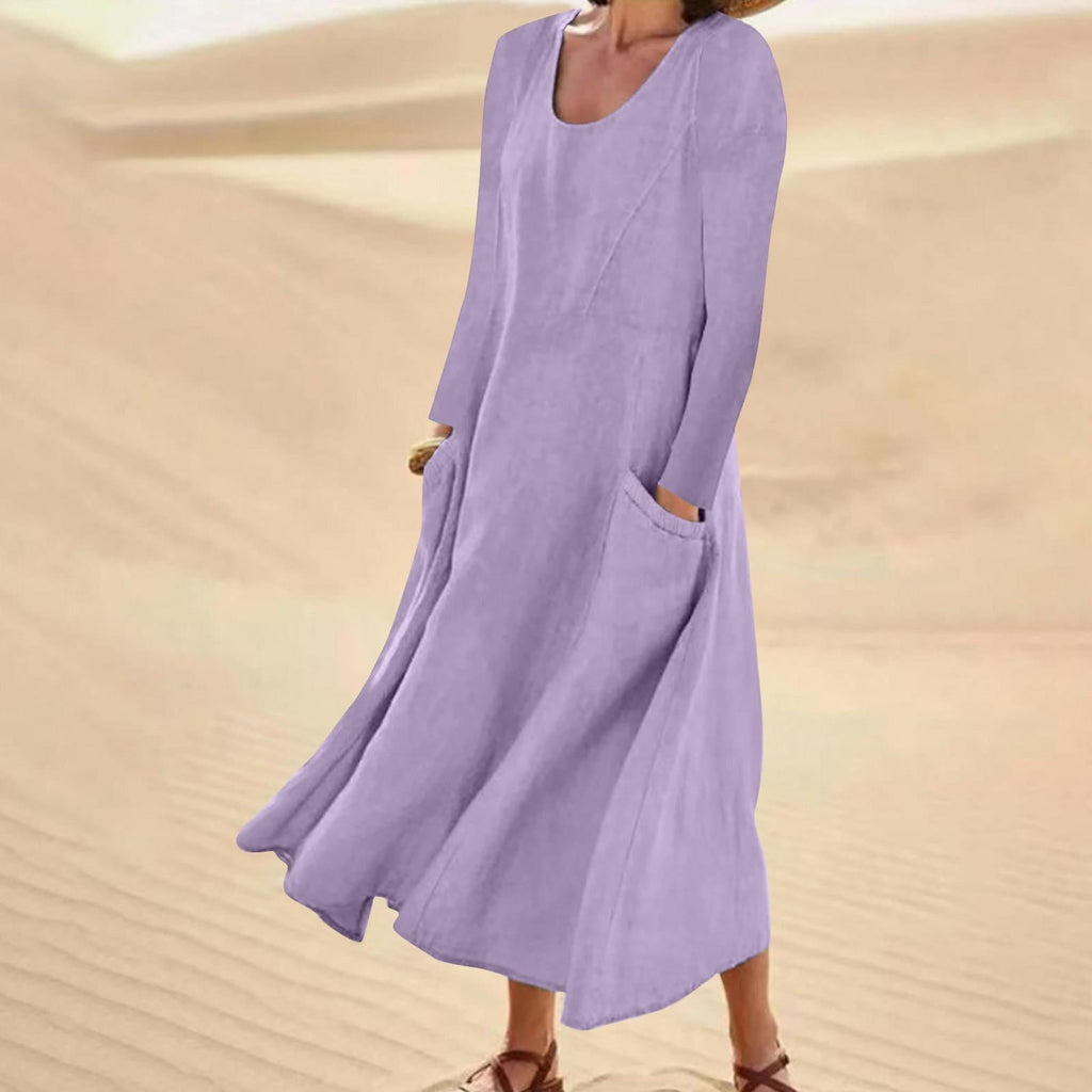 Valenzora | Einfarbiges Kleid mit langen Ärmeln und Rundhalsausschnitt