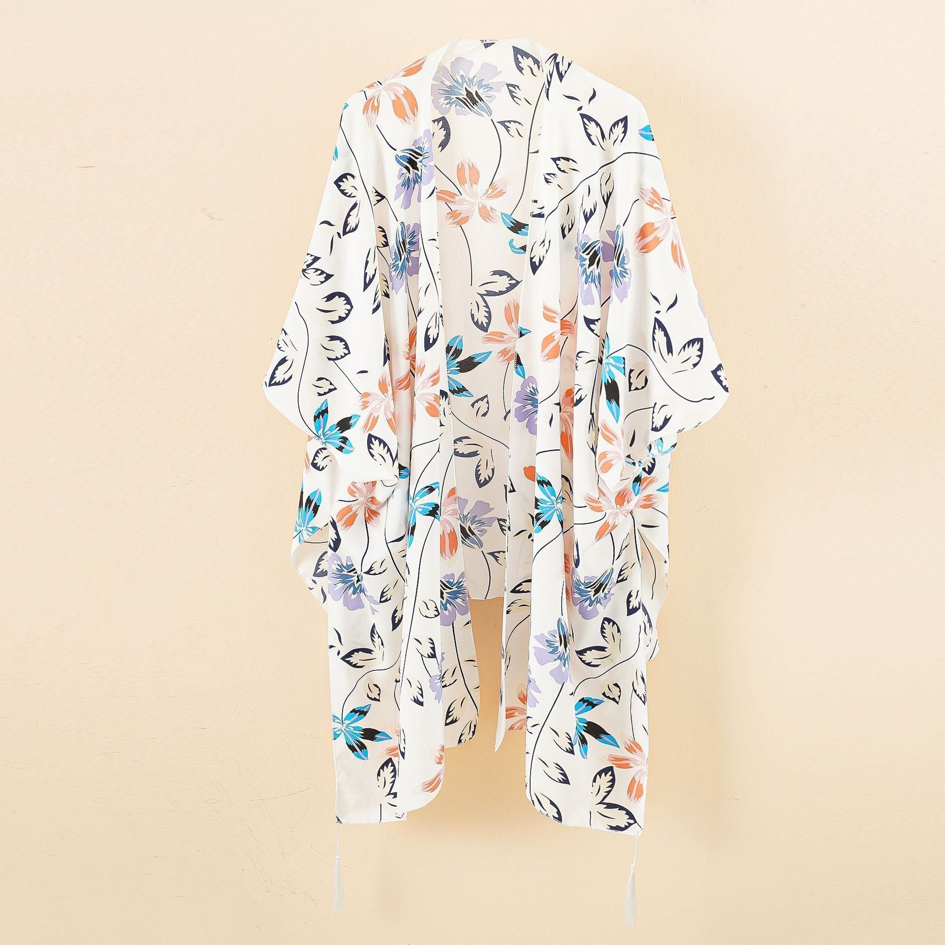 Damen-Chiffon-Kimono mit Blumenmuster und Fransen, Größe S