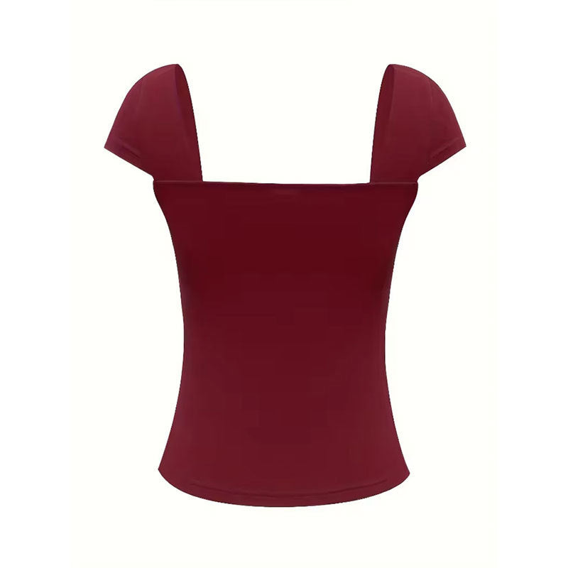 Women's top with a modern sweetheart neckline and chic cut, size S