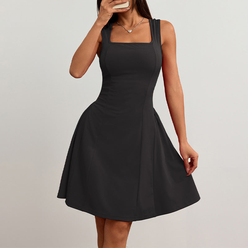 Women's A-line dress with square neckline and lined skirt, size