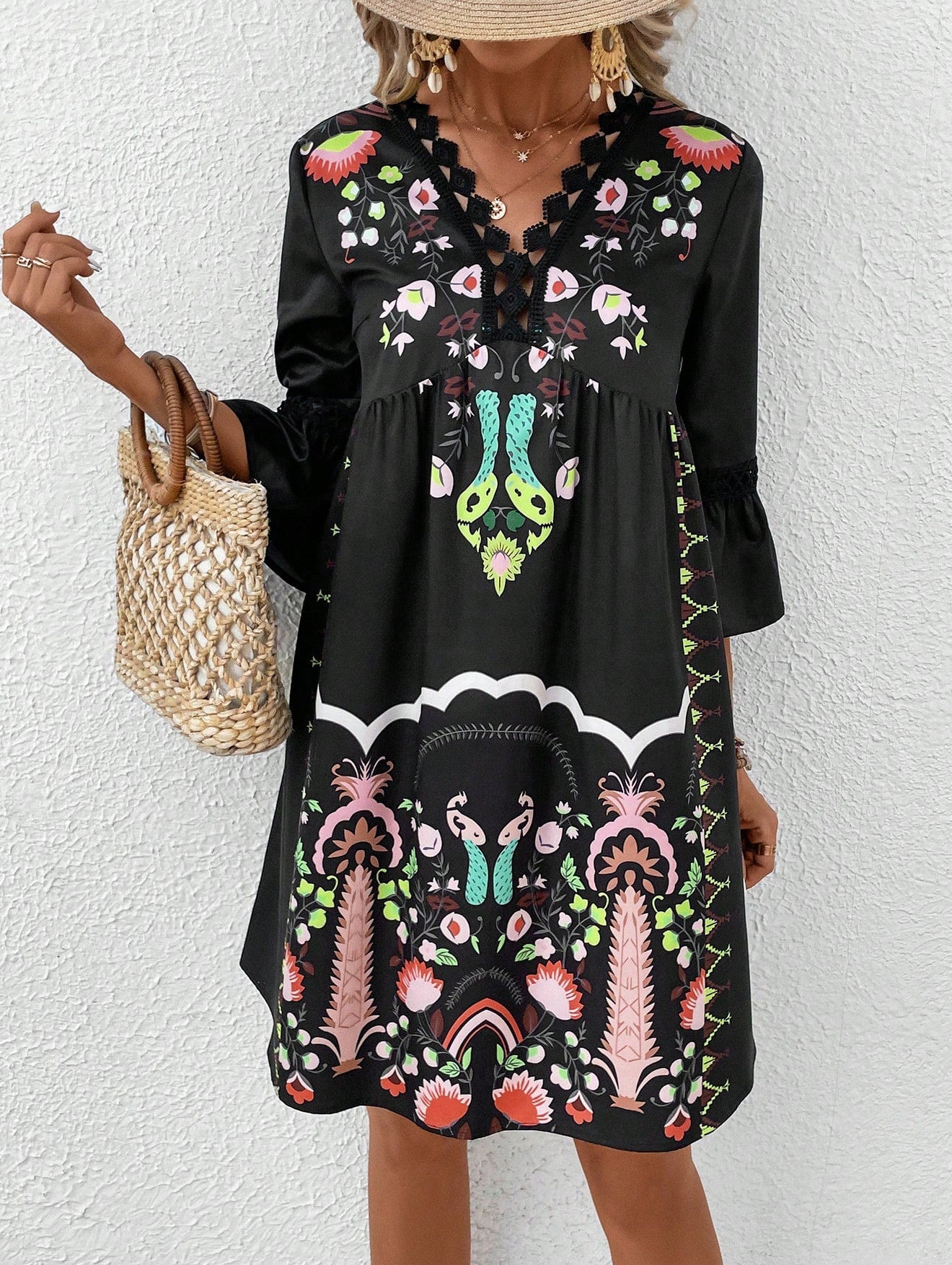 Damen Boho-inspiriertes Kleid mit verspielten Stickdetails und weich fließendem Schnitt Drune