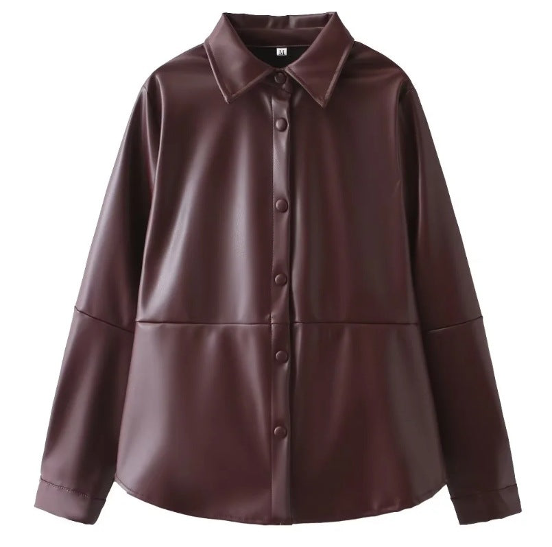 Women's Faux Leather Shirt Blouse Size