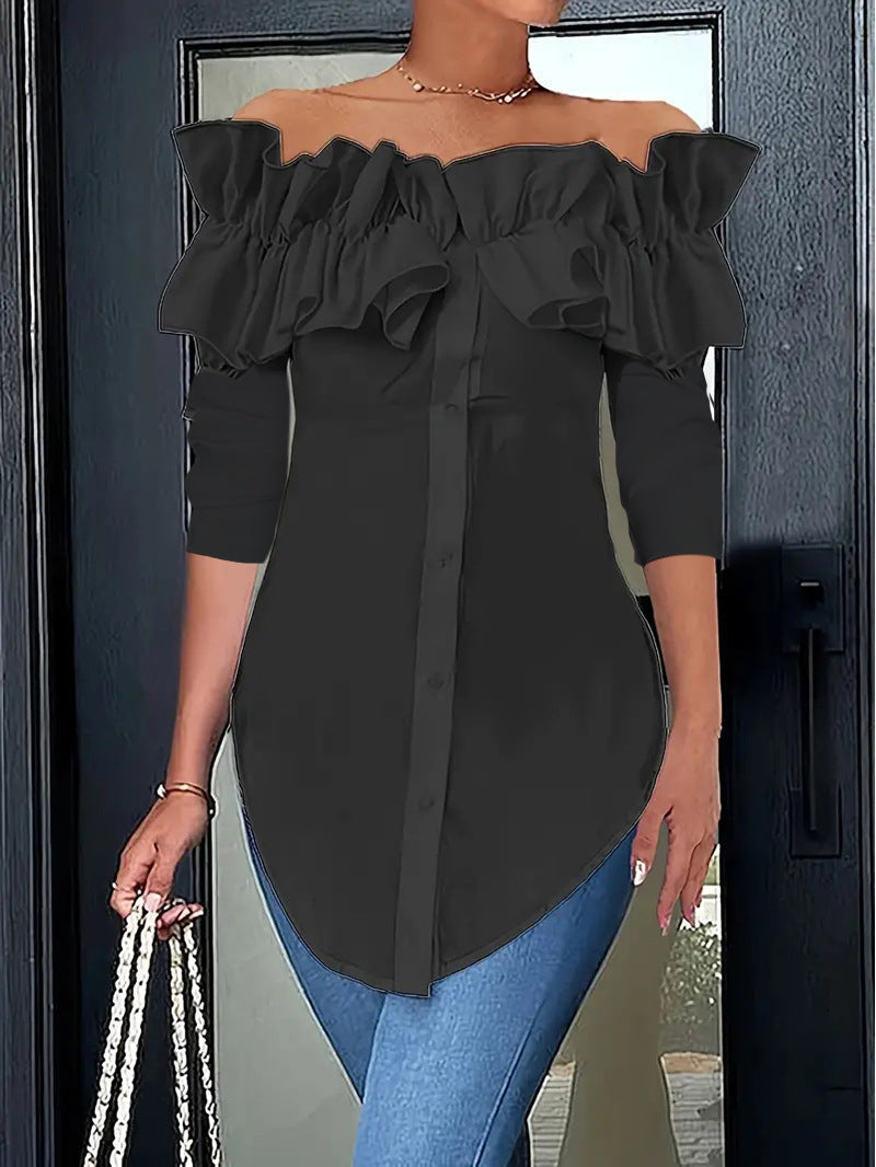 Women's blouse with off-the-shoulder design and voluminous ruffle details, size [size missing]