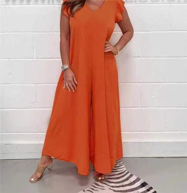 Exklusiver Damen-Jumpsuit mit voluminösen Rüschenärmeln und V-Ausschnitt, Größe S