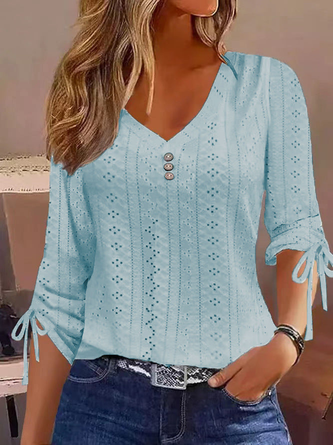 Women's blouse shirt with sophisticated openwork pattern and button details, size