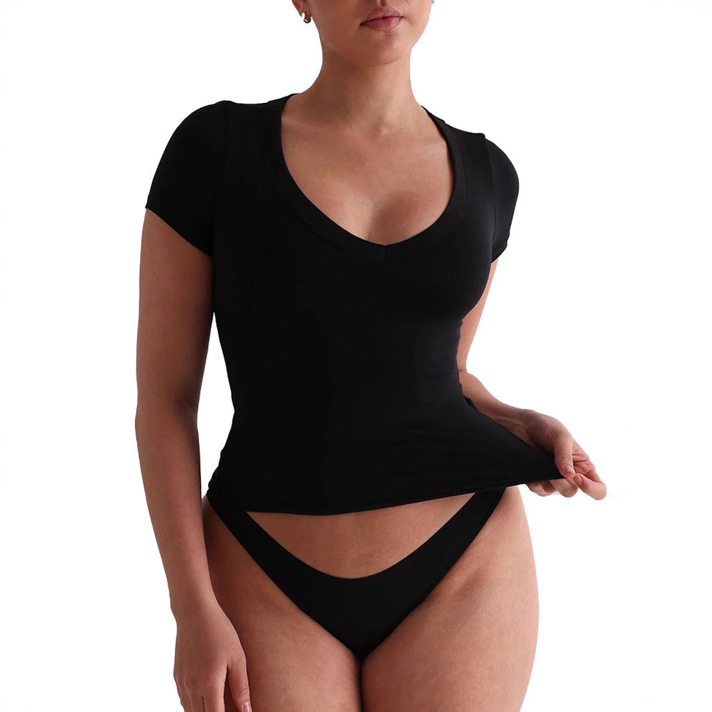 Tailliertes Damen-V-Neck-T-Shirt mit kurzen Ärmeln, Größe
