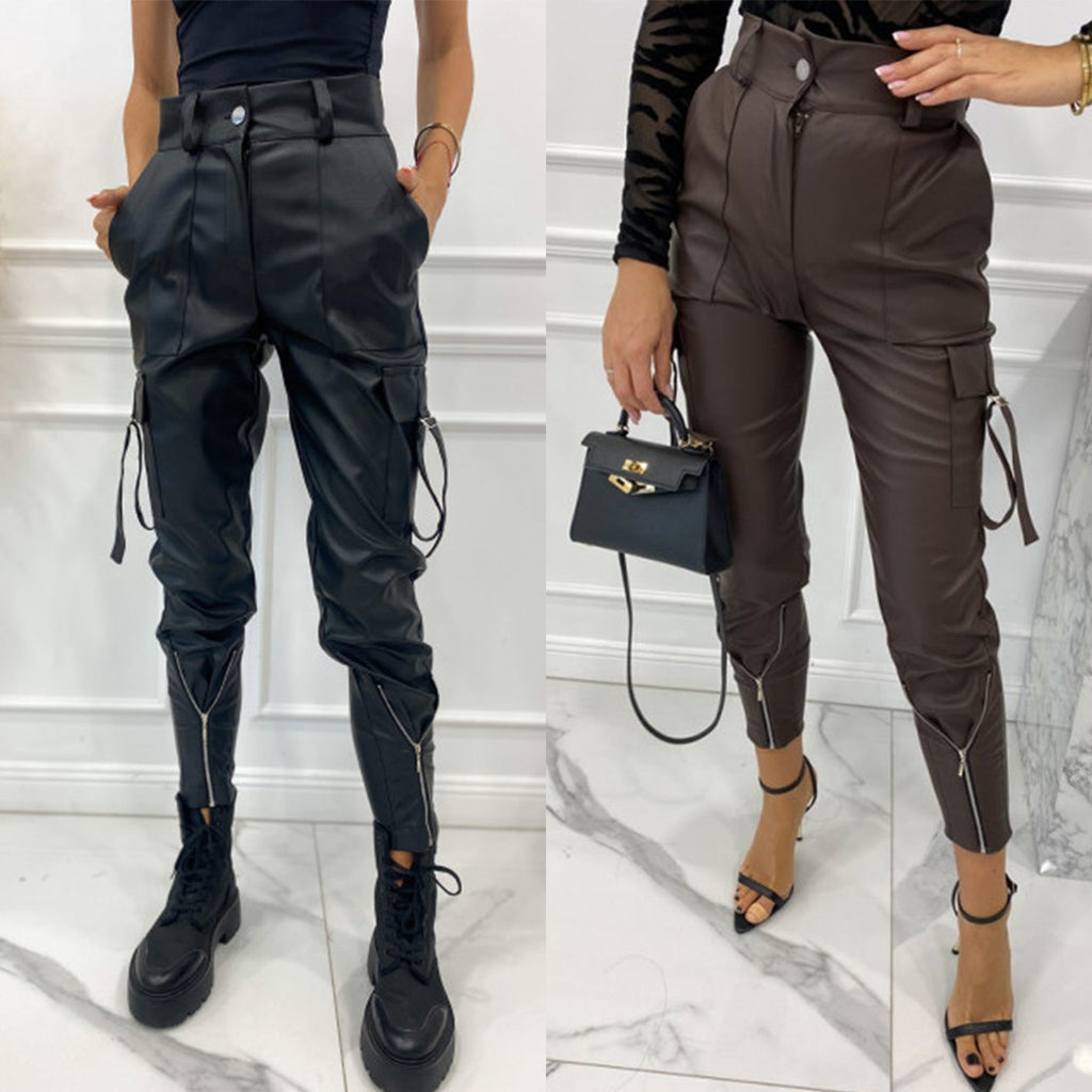 Wasserdichte Cargohose für Damen aus Kunstleder mit Reißverschlüssen und verstellbaren Bündchen, Größe