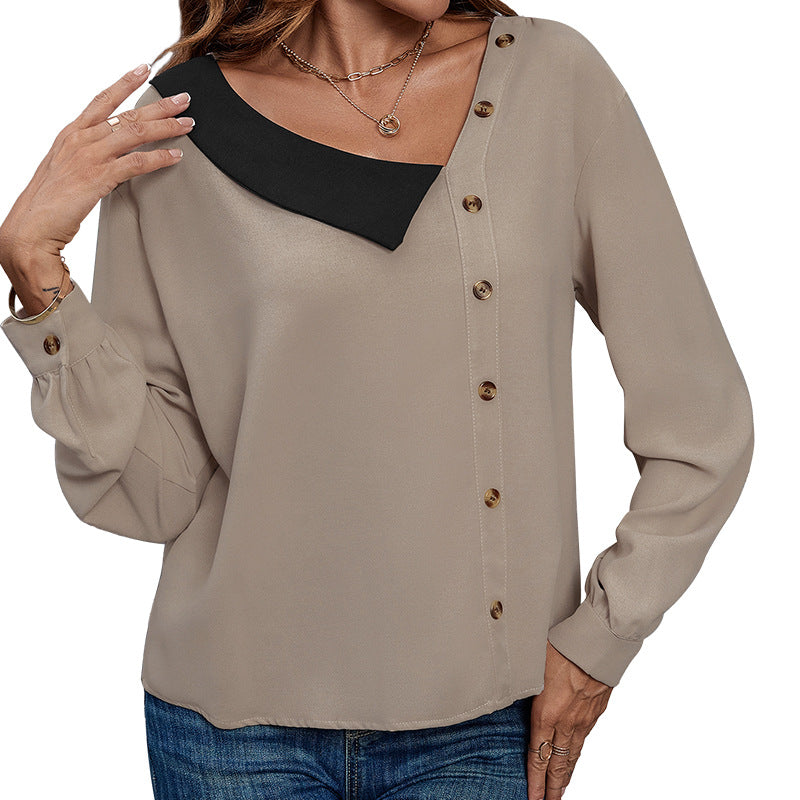 Damenbluse mit asymmetrischem Kragen und Knopfdetails, Größe