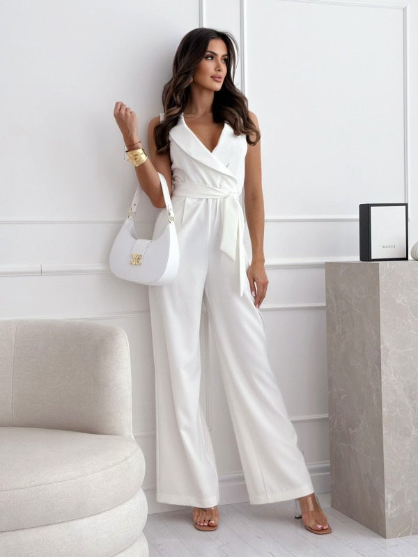 Sleeveless women's jumpsuit with V-neck and waist embellishment