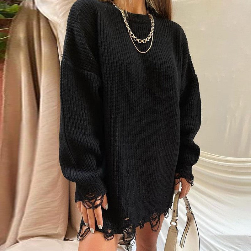 Valenzora Ripped O Neck Oversized Sweater Dress
