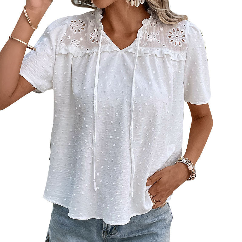 Women's blouse with embroidered collar and ruffle details, size