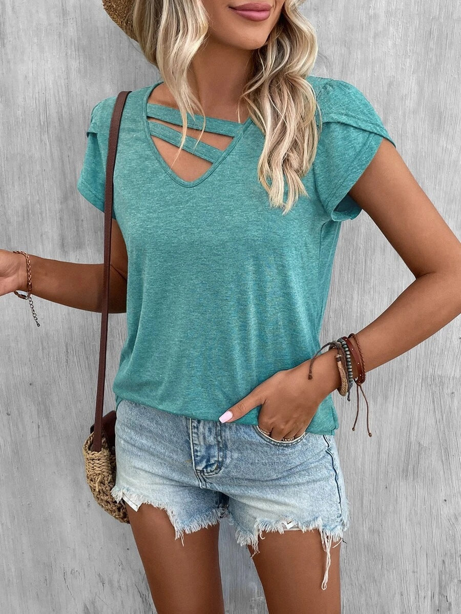 Damen-Freizeit-T-Shirt mit kurzen Ärmeln, einzigartigem Kreuzhals, Größe