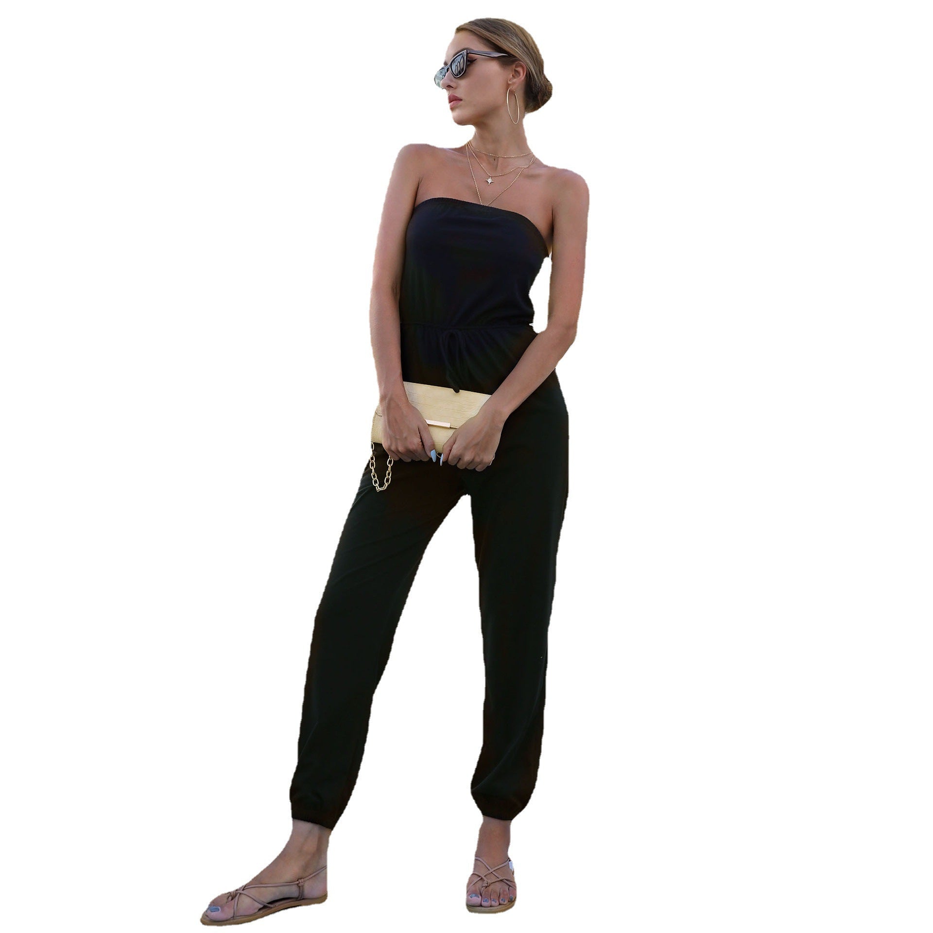 Damen-Jumpsuit mit trägerlosem Design und elastischem Taillengürtel, Größe