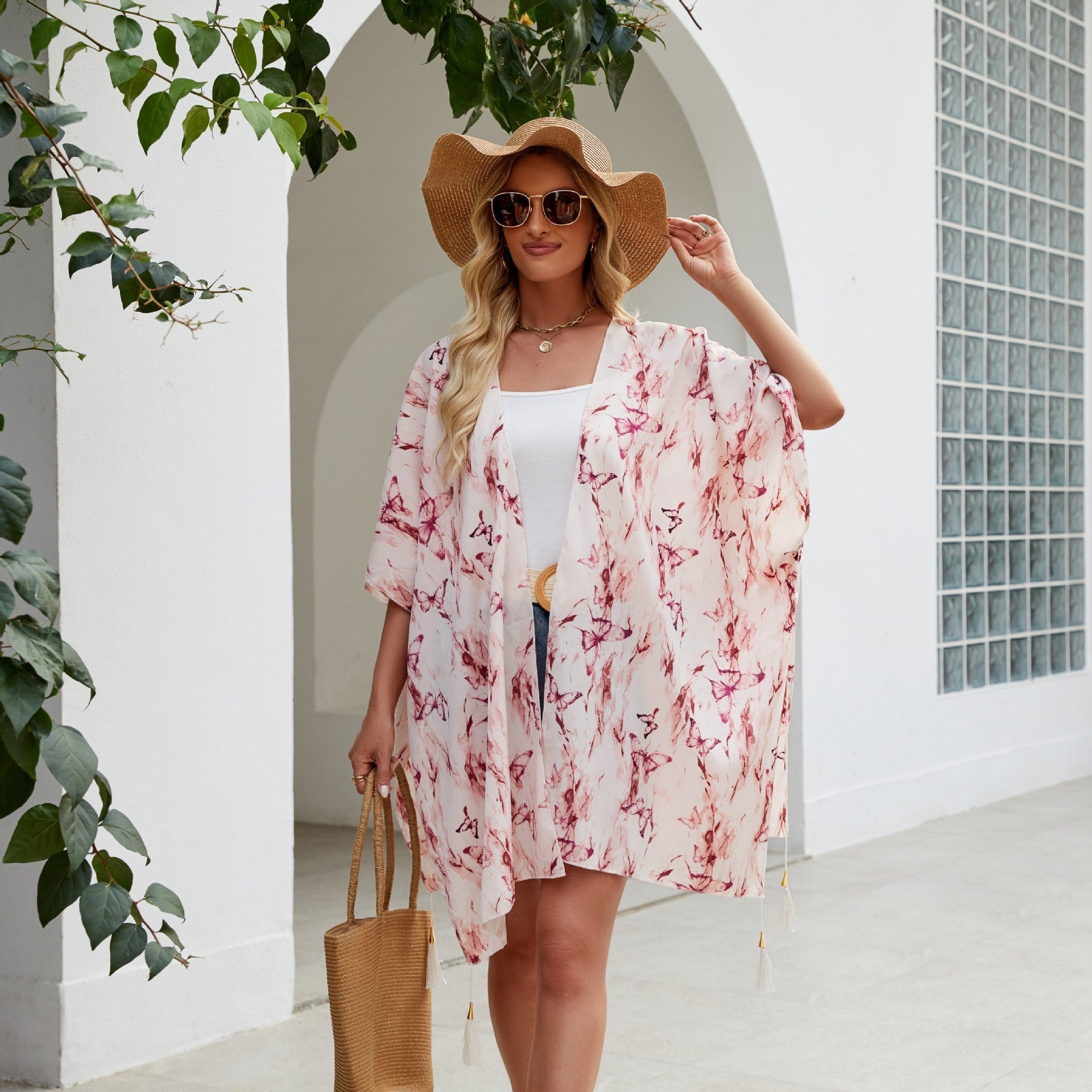 Eleganter Damen-Kimono mit künstlerischem Blumenmuster und Fransen, Größe Valenzora