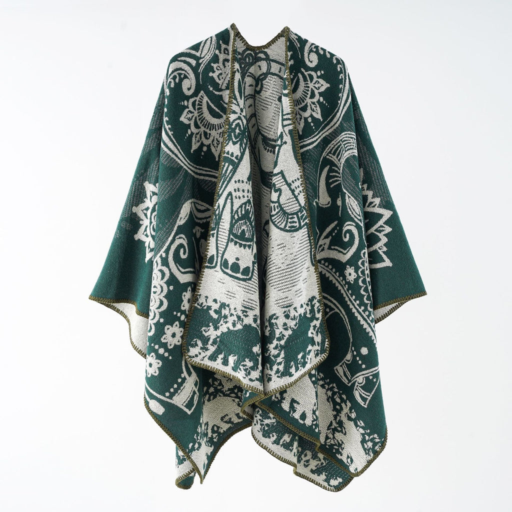 Eleganter Übergangsponcho für Damen mit künstlerischem Blumenmuster und Fransen, Größe Valenzora