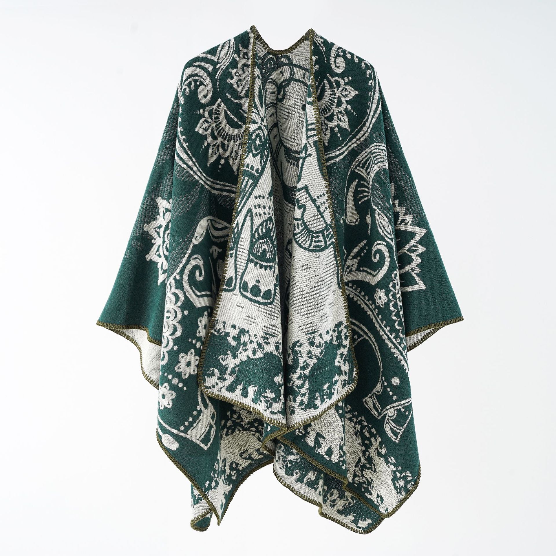 Eleganter Übergangsponcho für Damen mit künstlerischem Blumenmuster und Fransen, Größe Valenzora
