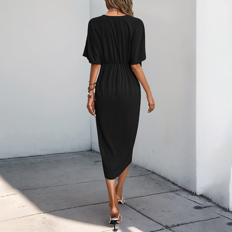 Women's wrap dress with flowing V-neck and side slit, size