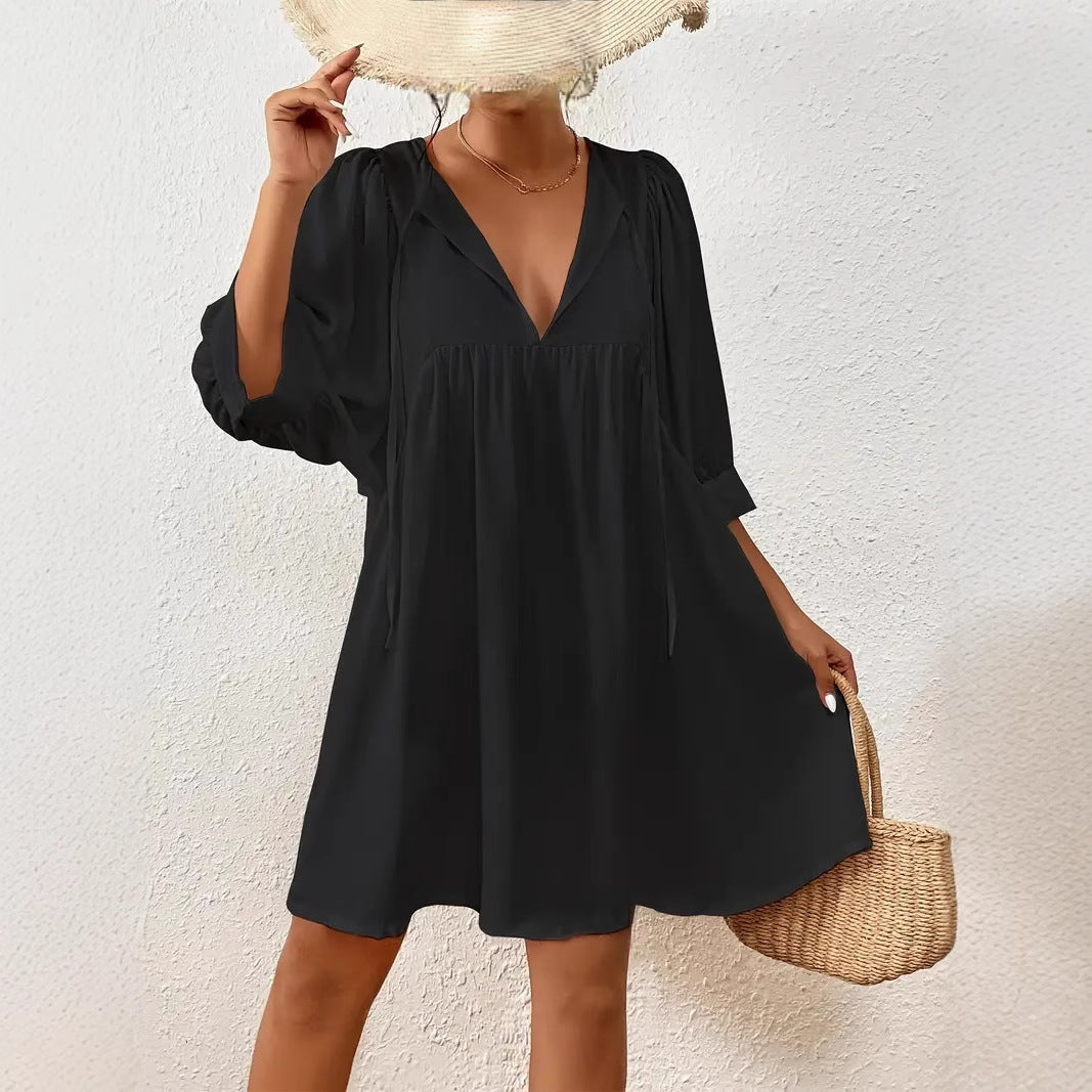 Women's casual dress with modern puff sleeves, size