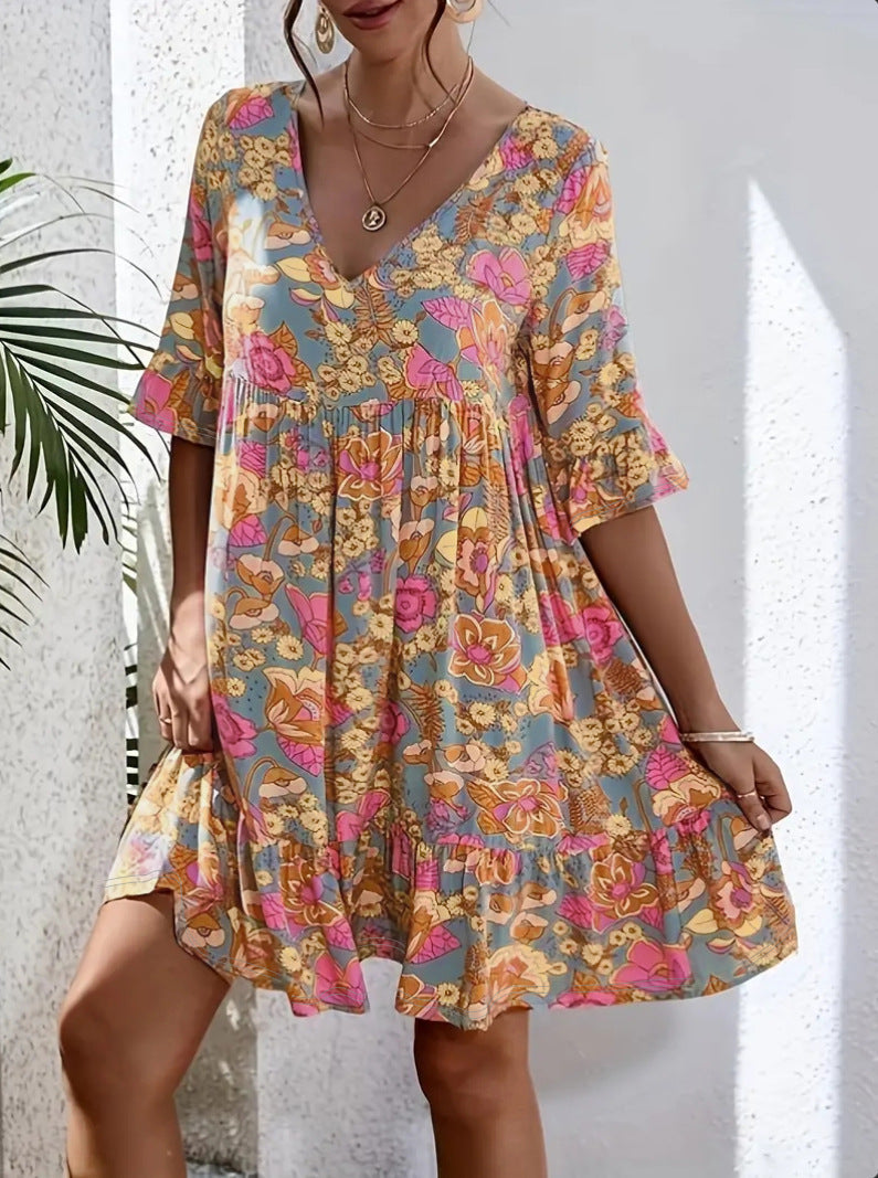 Damen Freizeitkleid mit V-Ausschnitt und fließendem Schnitt Drune