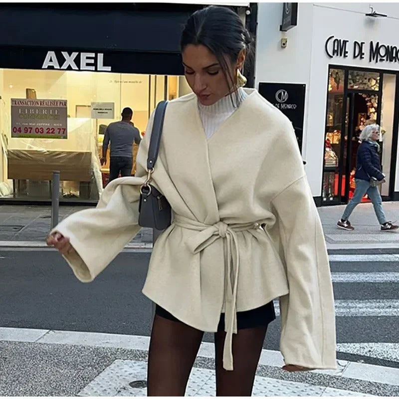 Women's elegant wrap jacket with waist belt, size