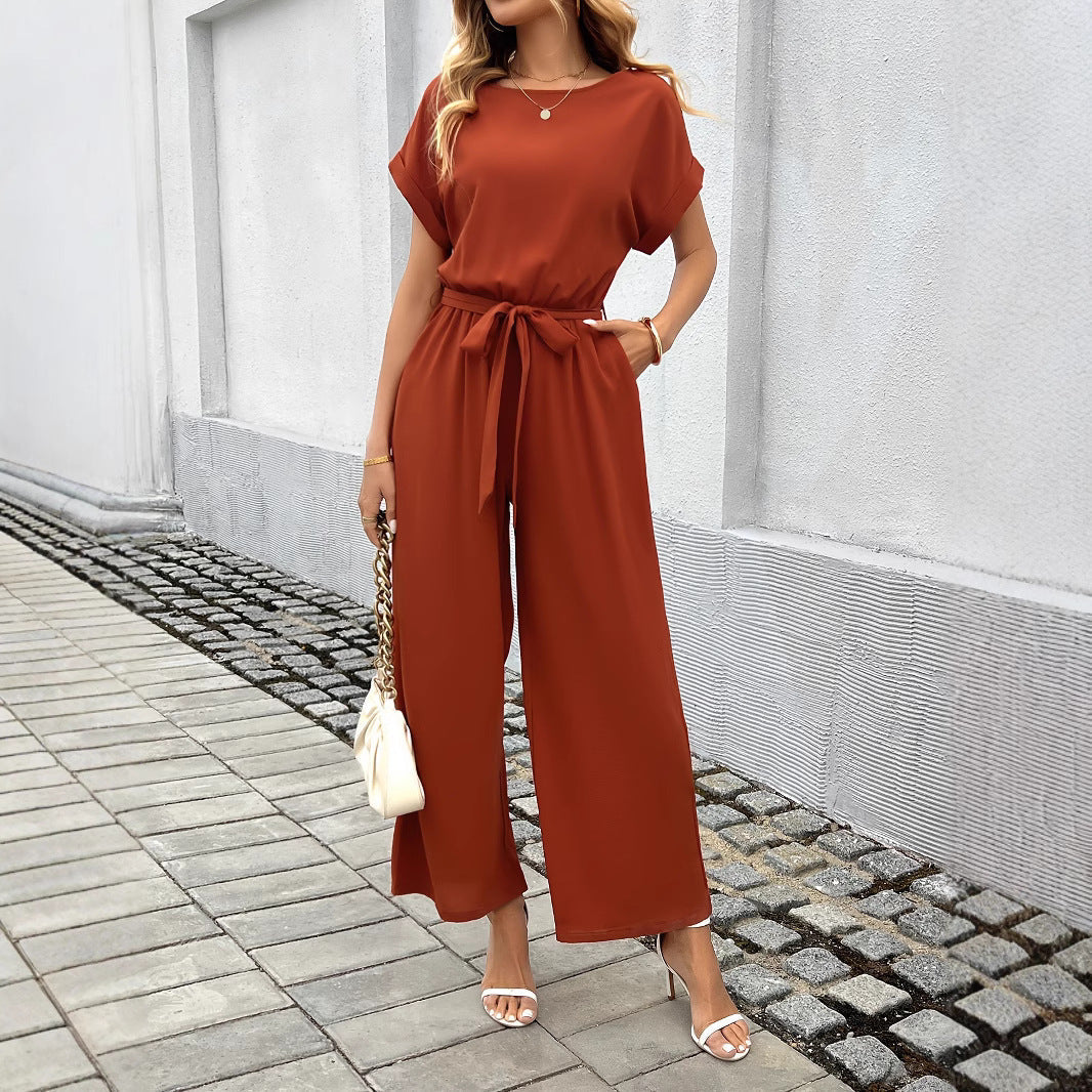 Damen Jumpsuit mit weitem Bein und Taillengürtel, Größe