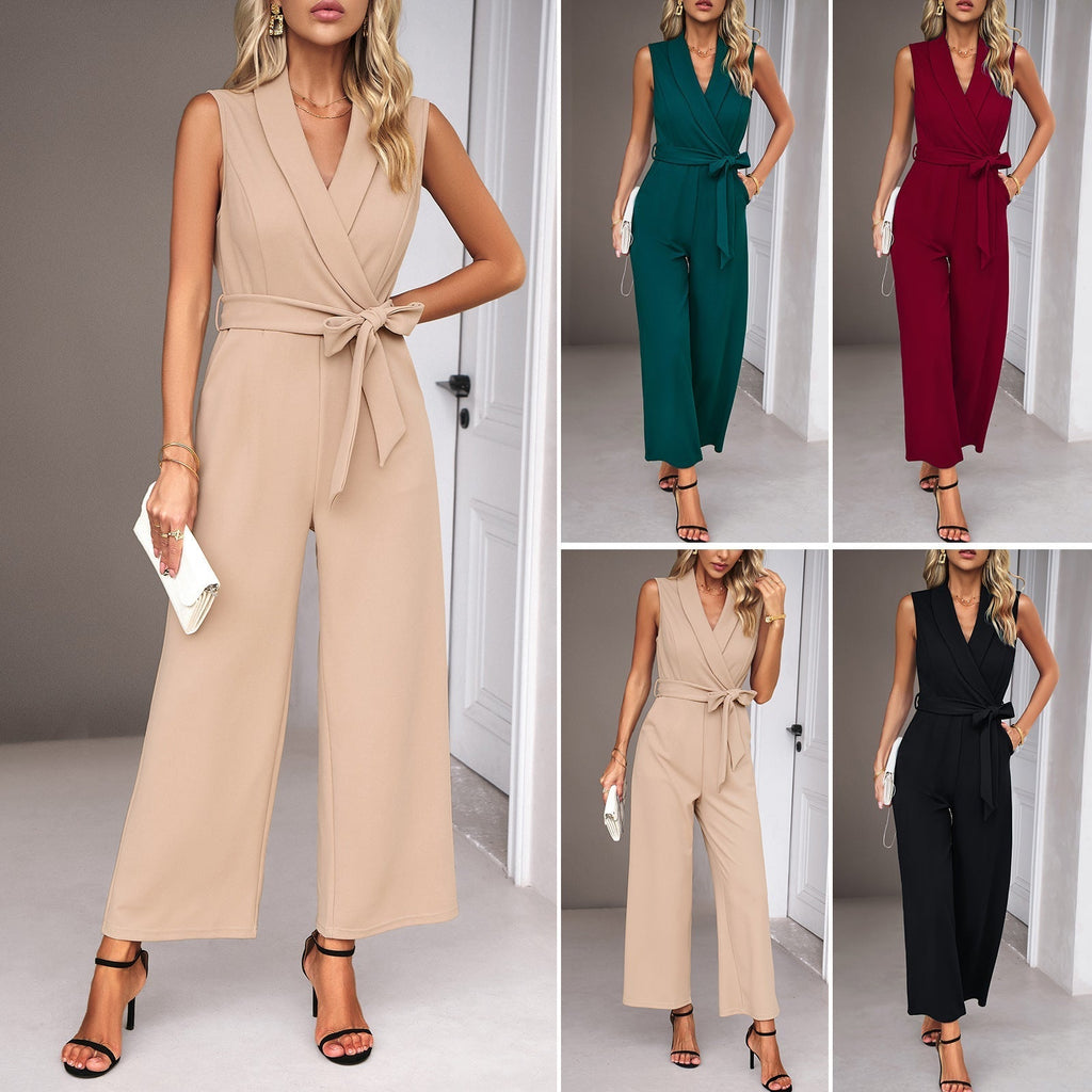 Women's elegant jumpsuit with wrap look and waist belt, size