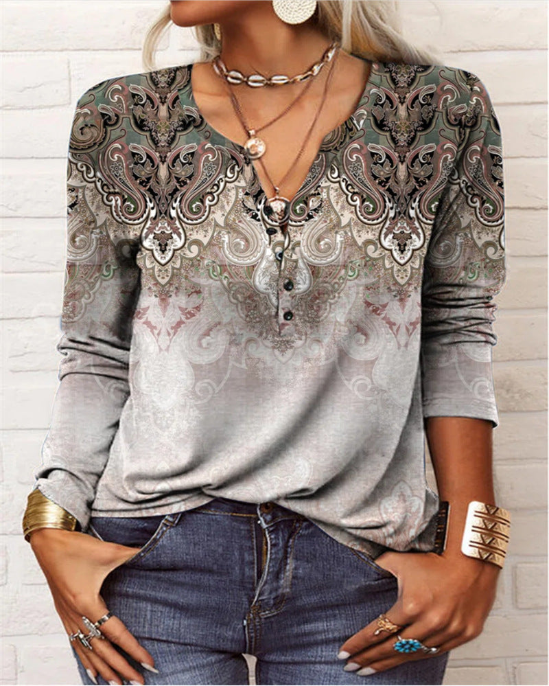 Women's long-sleeved shirt with detailed print and button placket, size