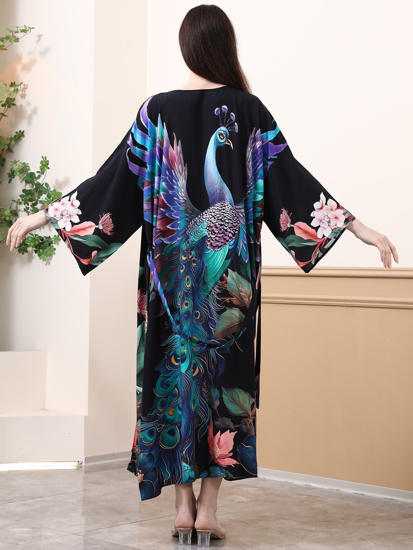 Damen-Kimono mit buntem Pfauenmotiv und weitem Schnitt, Größe S