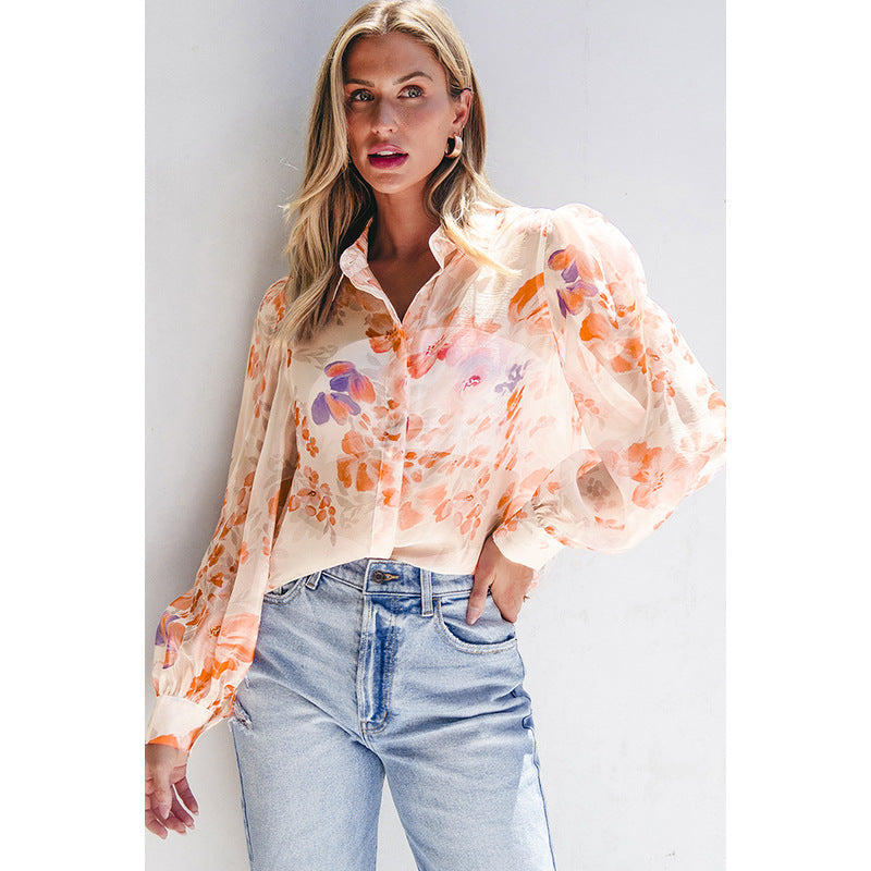 Luftige Damen-Blusenshirt mit Blumenmuster und voluminösen Ärmeln, Größe S
