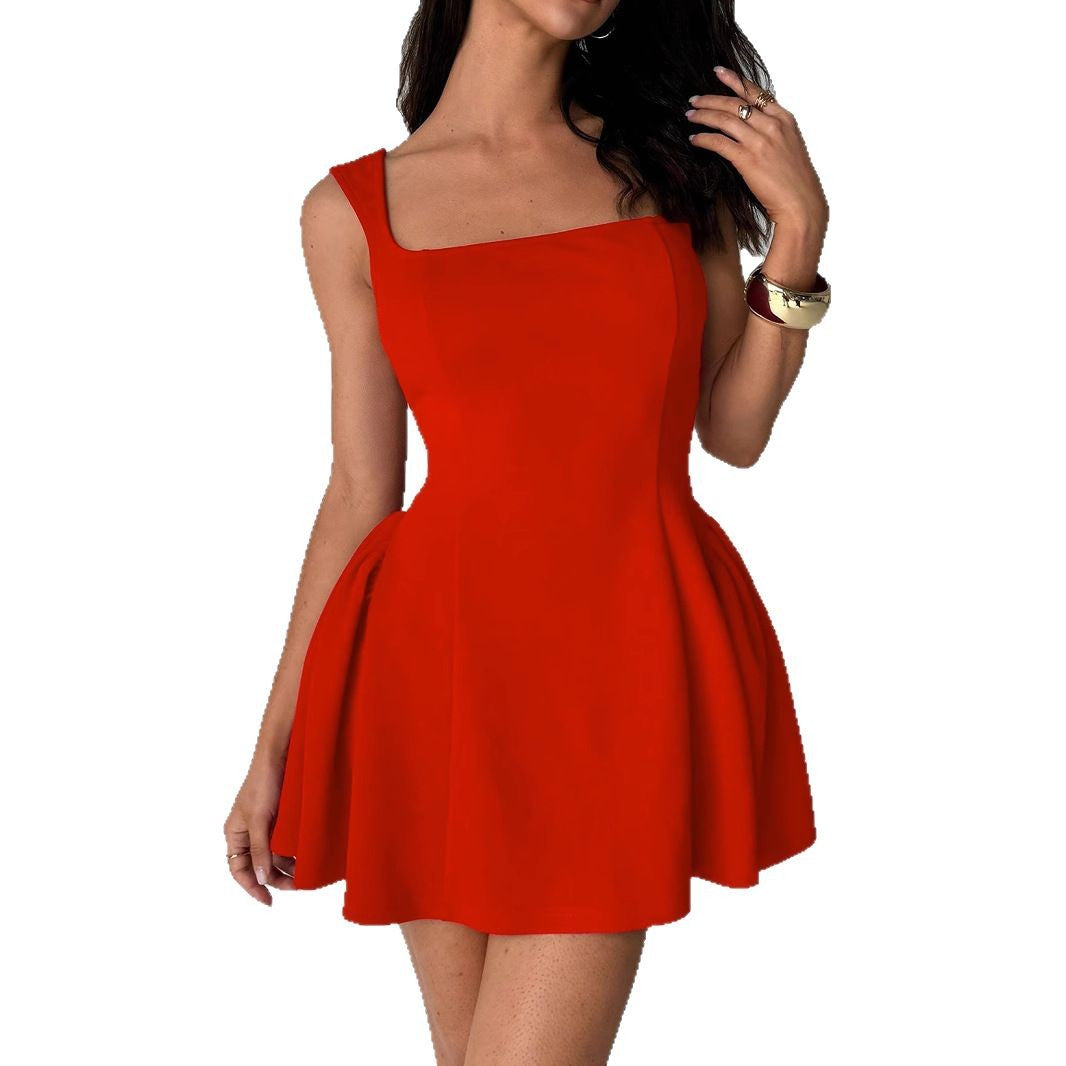 Women's A-line dress with square neckline and swing skirt, size