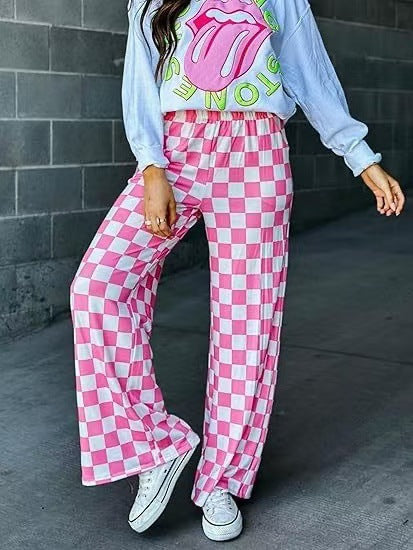 Women's checked palazzo trousers with elasticated waistband and practical side pockets, size Valenzora