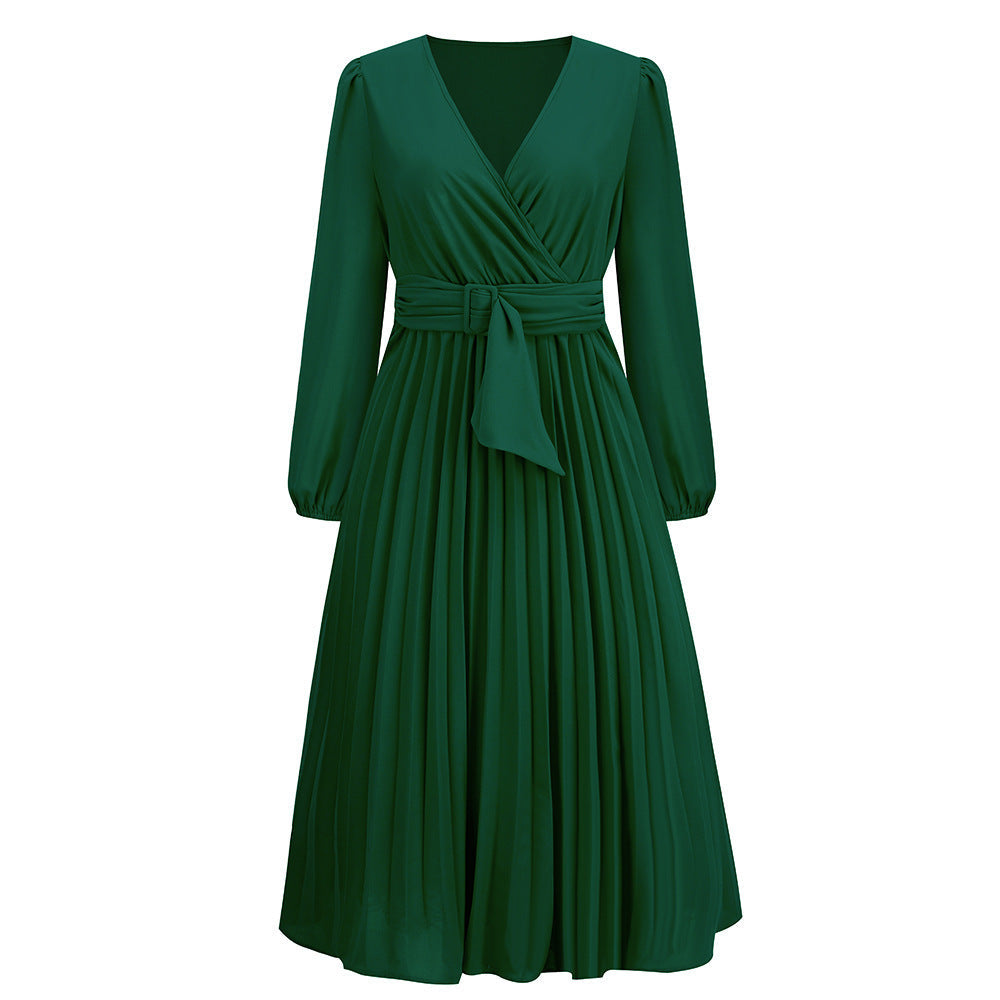 Women's wrap dress with pleated design and elegant waist belt, size