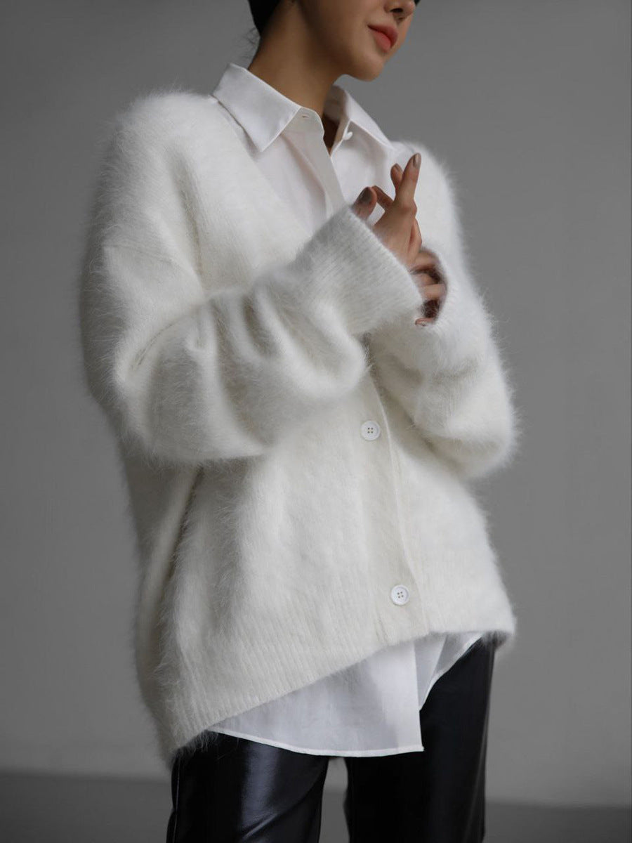 Valenzora Plush Loose Long Sleeve V-Neck Buttoned Cardigan
