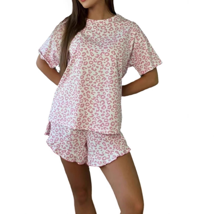 Valenzora | Leopard Print Short Sleeve Shorts Pajamas Loungewear Set