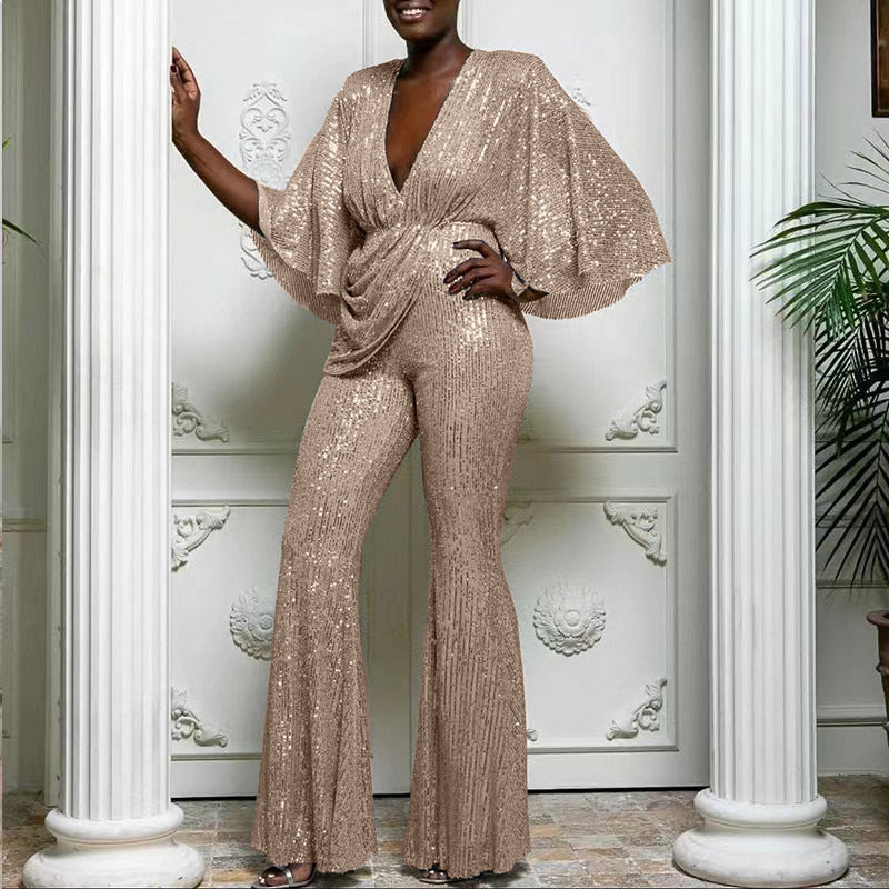 Valenzora | Pailletten-Overall mit tiefem V-Ausschnitt und rückenfreiem Design