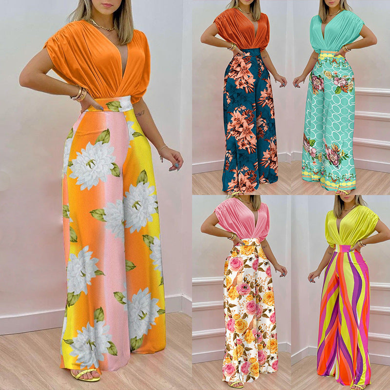 Women's jumpsuit with deep V-neck and wide leg, size