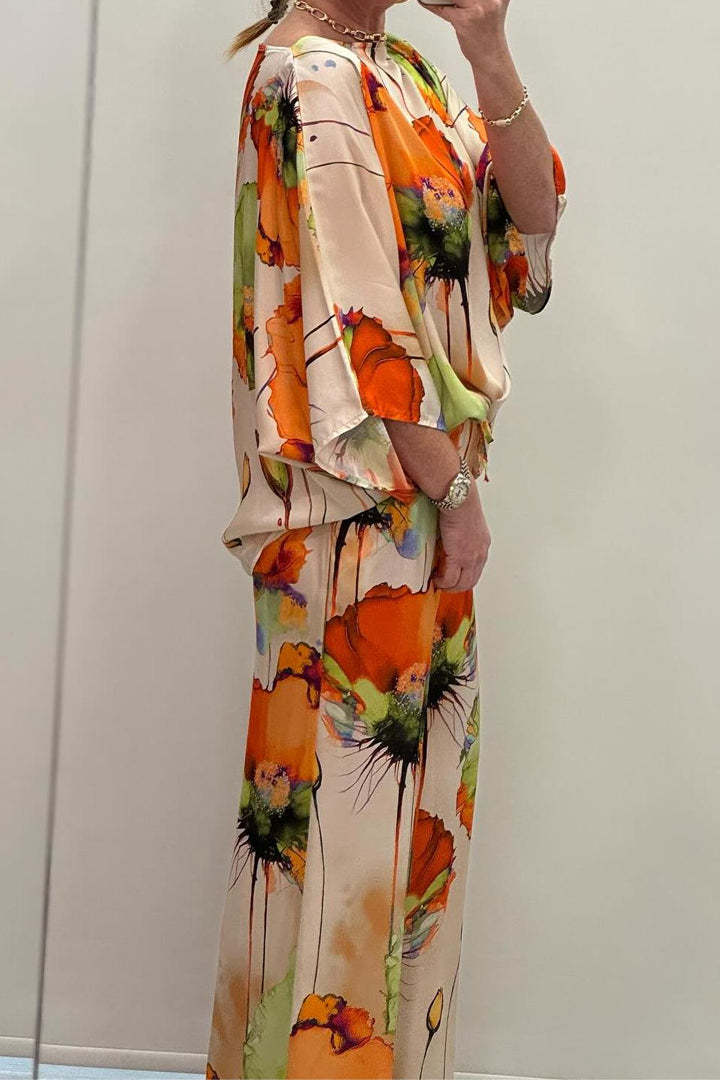 Valenzora | Elegant satin one-shoulder printed loose set