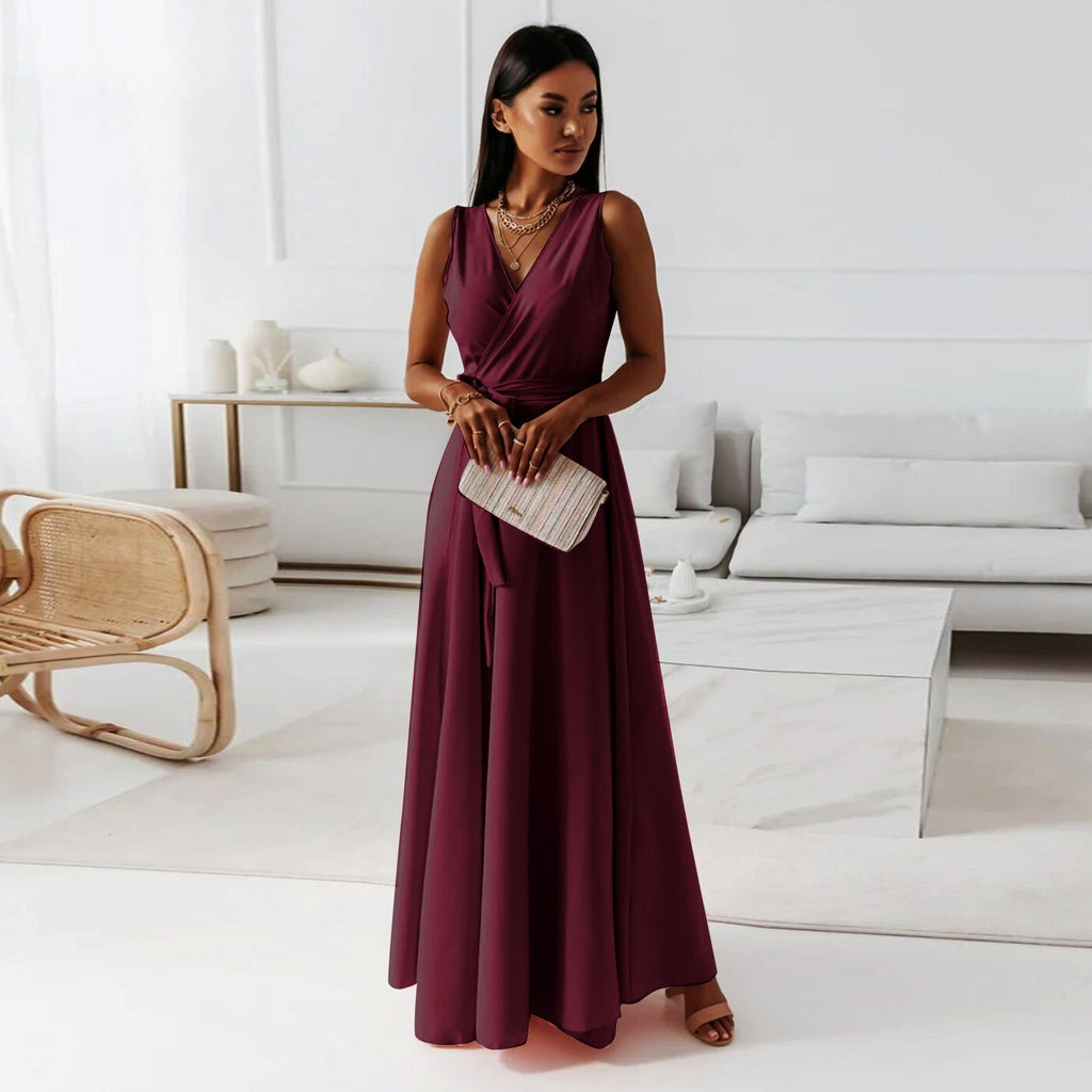 Elegant maxi dress for women – sleeveless V-neck evening dress in solid colors, long dress for weddings & summer parties