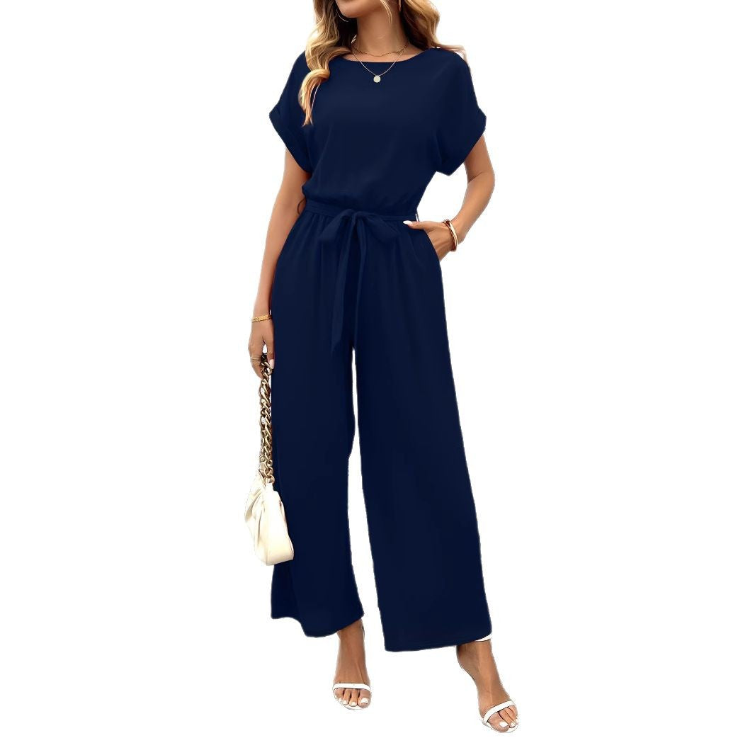 Damen Jumpsuit mit weitem Bein und Taillengürtel, Größe